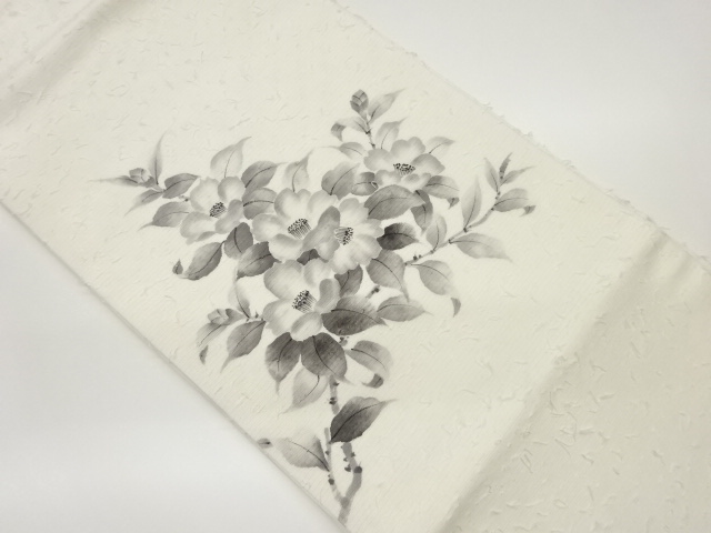 作家物　ひげ紬手描き花々模様名古屋帯